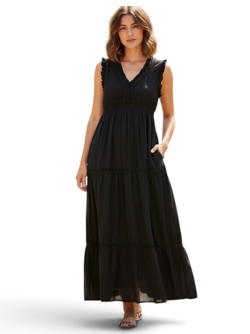 New CHRISTINA B Black Tiered Ruffle Maxi Dress 
Small